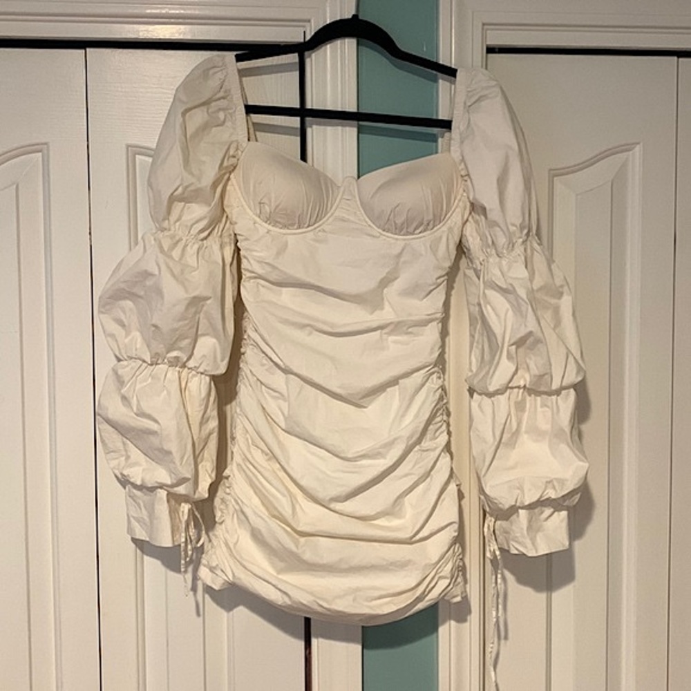 Oh Polly White Ruched Puff Long Sleeve Dress